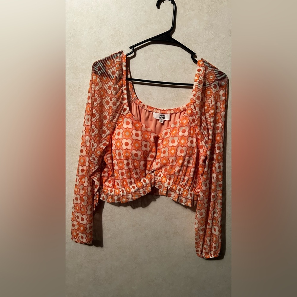 Madden NYC Orange boho hippie flower power Floral Crop Top, Size XL sheer arms
